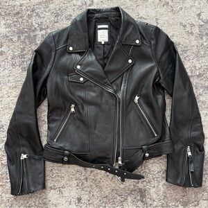 Zara Leather Moto Jacket Black Fitted Biker Minimal Style Size L